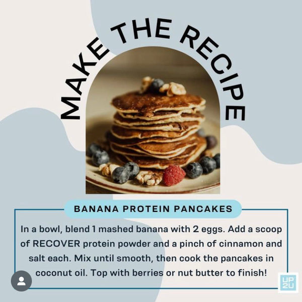 Social grapic with a photo off a stack of banana protein pancakes, berries, and nuts. The title says Make the Recipe.