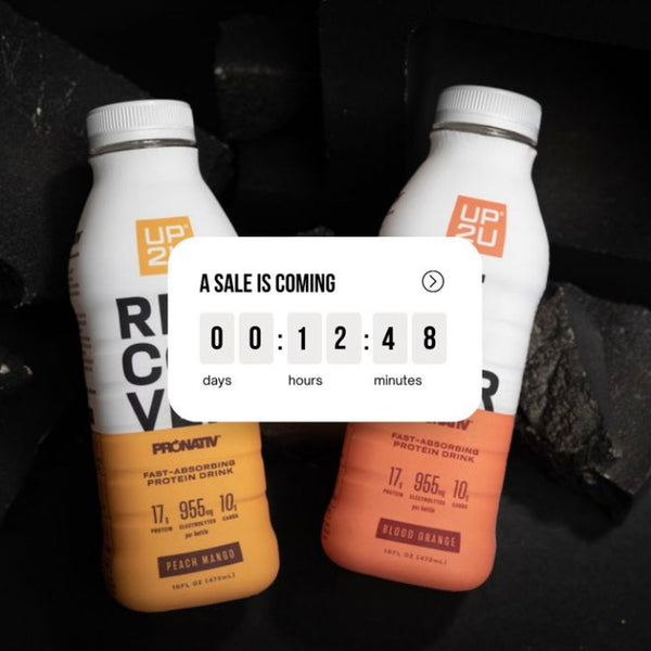 Two bottles of U2PU recovery drink on black background with an overlay. The ovelay has a countdown timer and says a sale is coming.