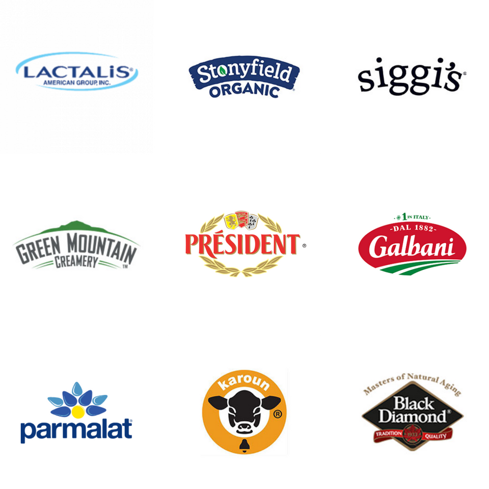 Grid of logos: Lactalis, Stonyfield Organic, Siggi's, Green Mountain Creamery, President Cheese, Galbani, Parmalat, Karoun, and Black Diamond.